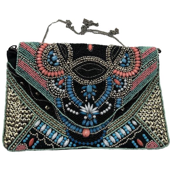 Atmosphere Beaded Boho Clutch Coral Turquoise Festival Bag Geometric Zip Sequins - Picture 1 of 10